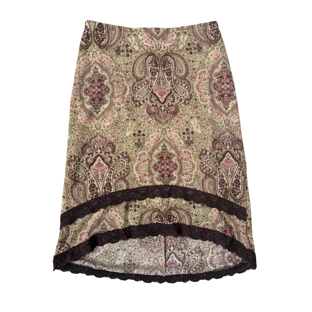 Vintage Von Mozart Fairycore Paisley Lace Trim Skirt Olive Burgundy Earthy M